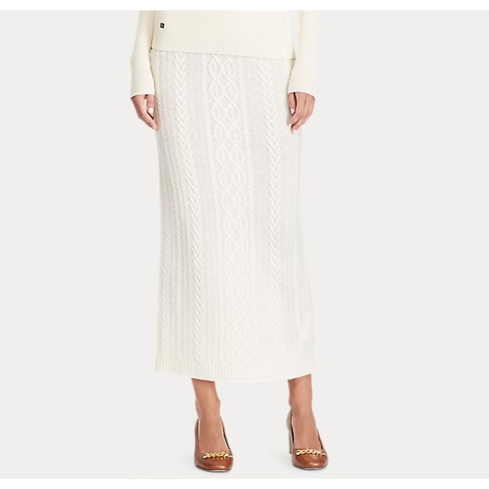Lauren Ralph Lauren Skirt Small Petite Cream Wool Cashmere Blend Cable Knit Midi